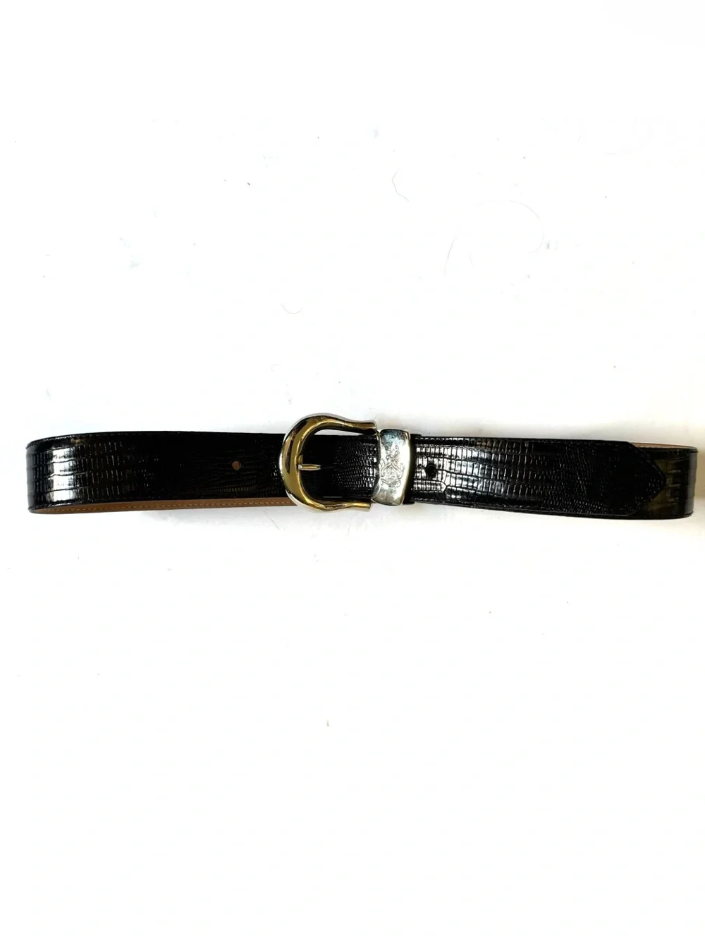 Vintage Brooks Brothers Black Genuine Lizard Leather Belt M Silver Tone Western